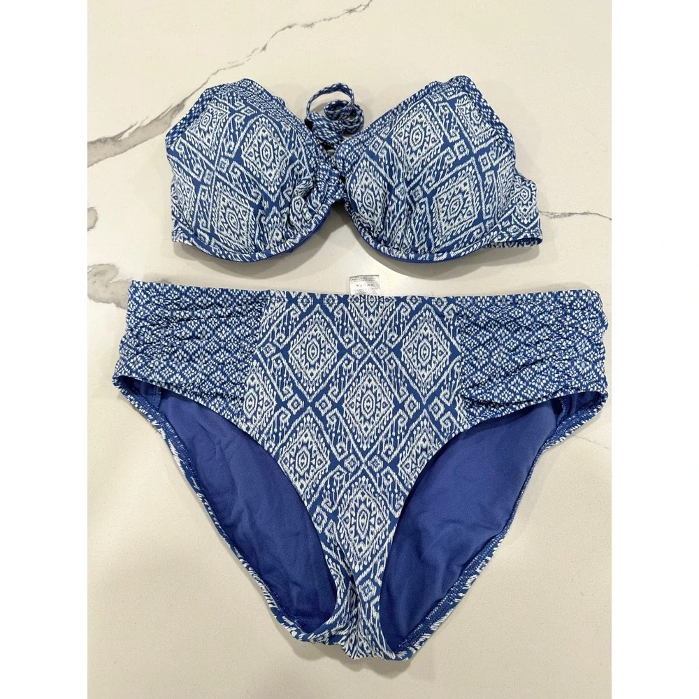 Skye Swimwear Bikini Set Blue White Geometric Print‎ High Waist Women's L/G